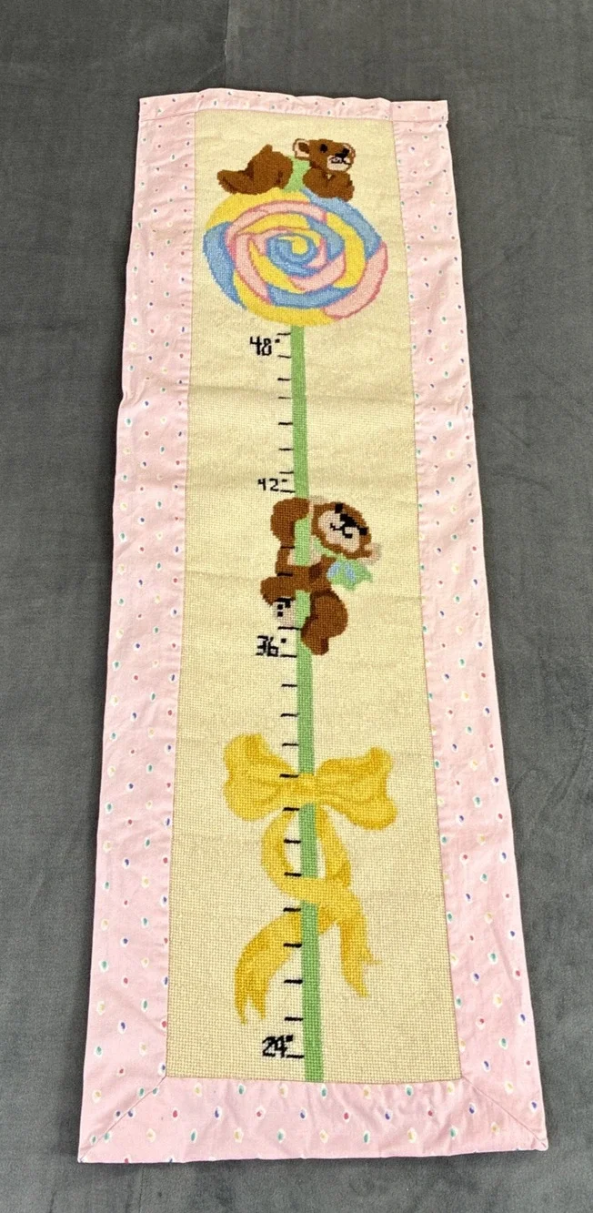 Vintage Needlepoint Growth Chart Pink Multi Bears Lollipop Bow Fabric Backed